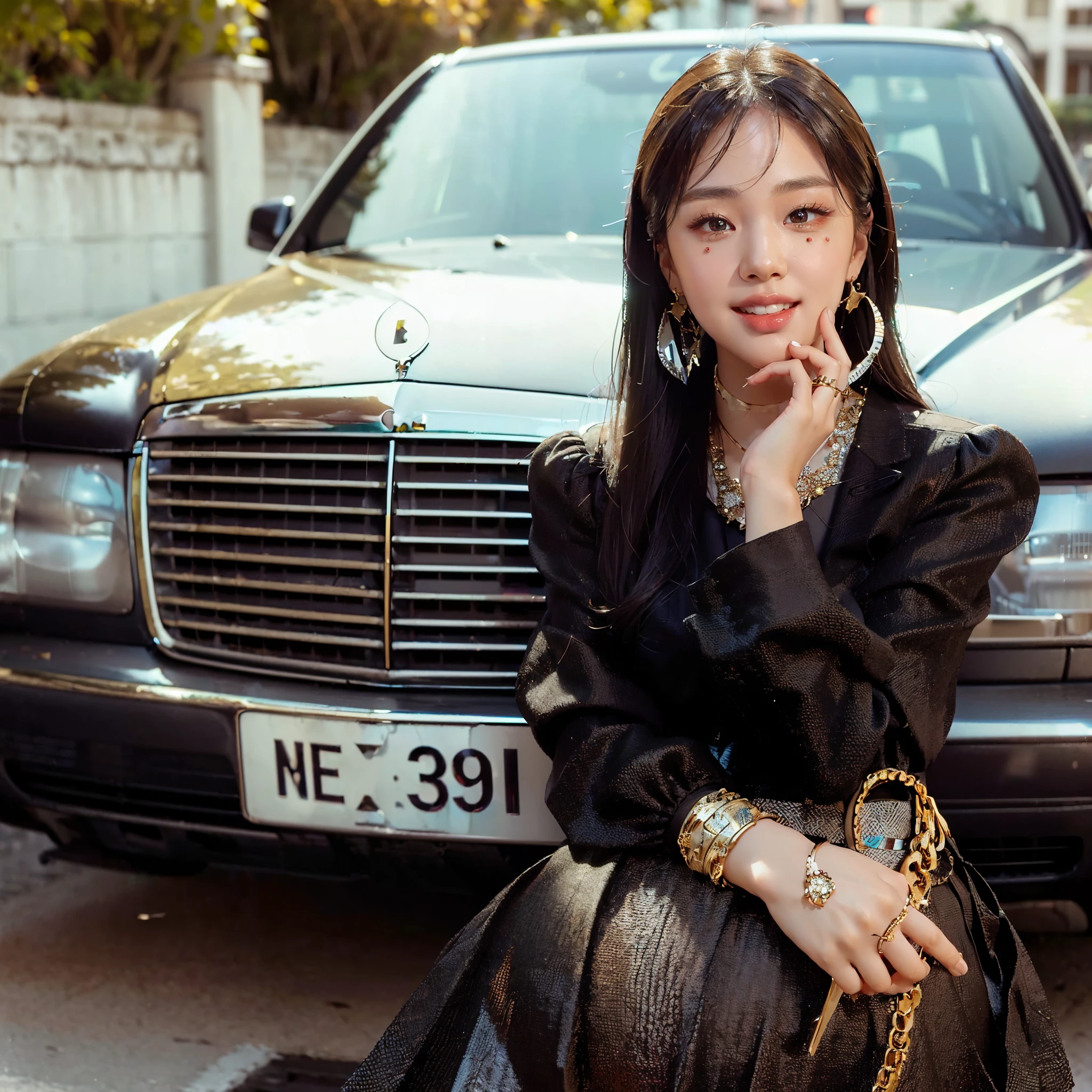 BIBI,1girl, solo, skinny, black hair, looking at viewer, dress, jewelry, gradient hair, outdoors, hyper realistic, lifelike texture, RAW, (best quality, masterpiece:1.2), (intricate details:1.3), (photo-realistic:1.3), ultra detailed, realistic skin texture, extremely detailed,(full body shot:1.5), smiling