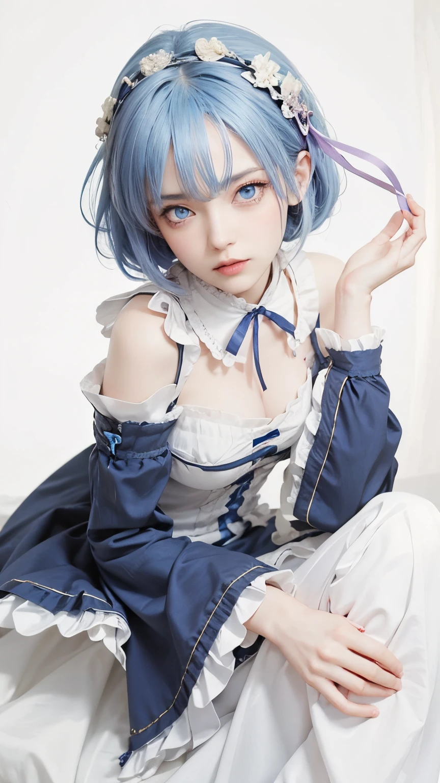 1girl, realistic, rem re zero, blue hair, blue eyeball, best quality, high resolution, highly detailed, big brestes