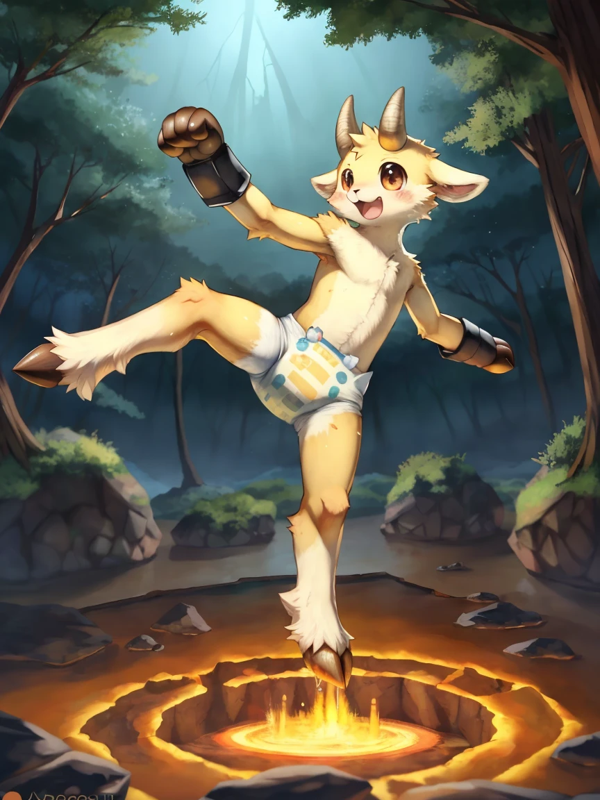 ((by wadorigi on Twitter)(Lamb)), pokemon, kid proportions, cute, adorable  , thin thighs, hooves,  upper limb hooves, light brown fur, horns made of amber , (crater on floor with amber color cracks and fissures), cube shaped rocks on surroundings, rocks floating on surroundings, amber stones floating on surroundings, wearing soggy messy padded  diaper, wearing dark brown vest, (leather padded  fist mitts), leather wrist cuffs, making Kung fu flying kick, in forest