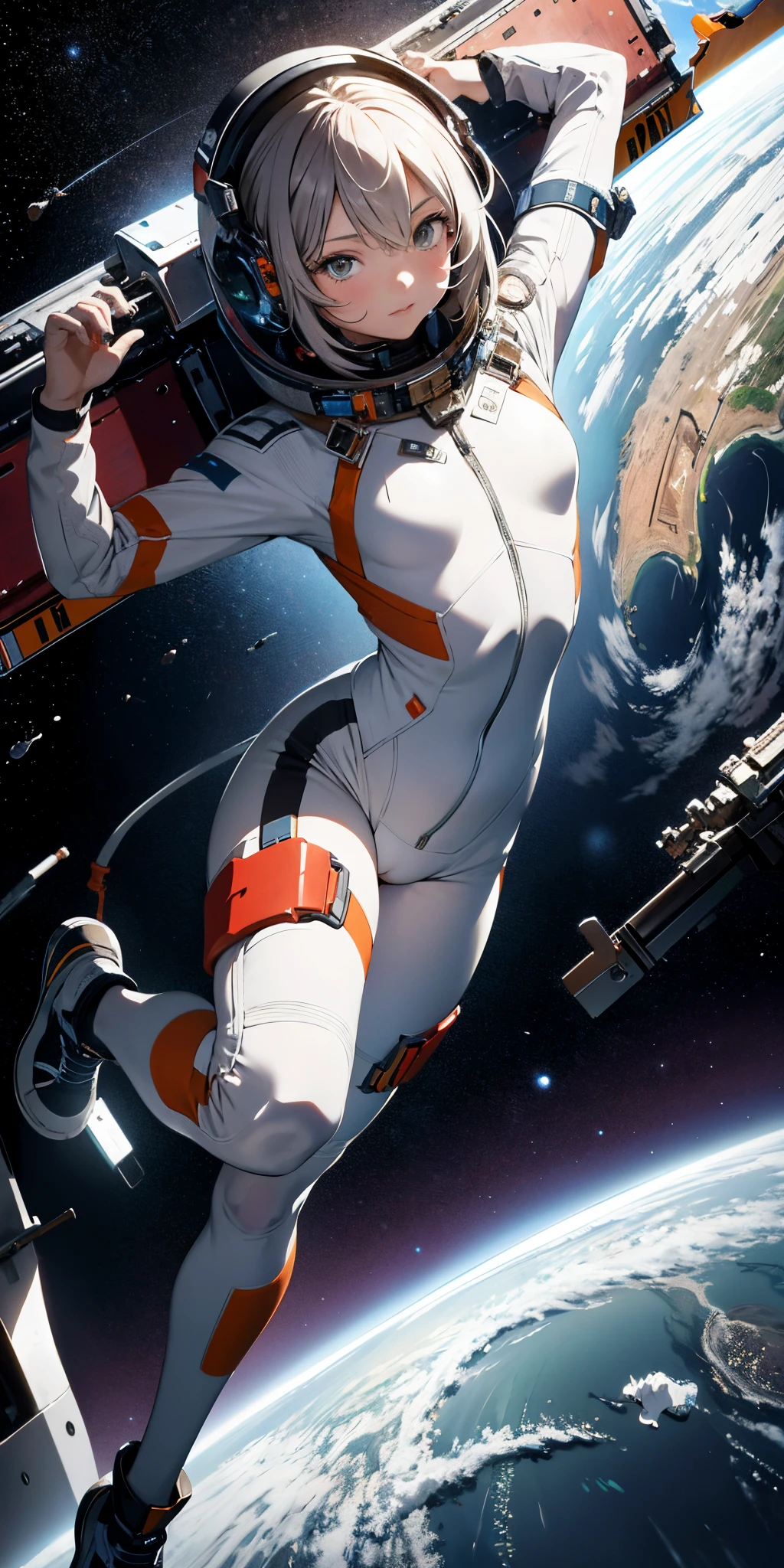 Absurd resolution, high resolution, (masterpiece:1.4), ultra-detailed, 1girl, in spacesuit, seen from above, space, floating, satellite, running pose, wide-angle lens distortion