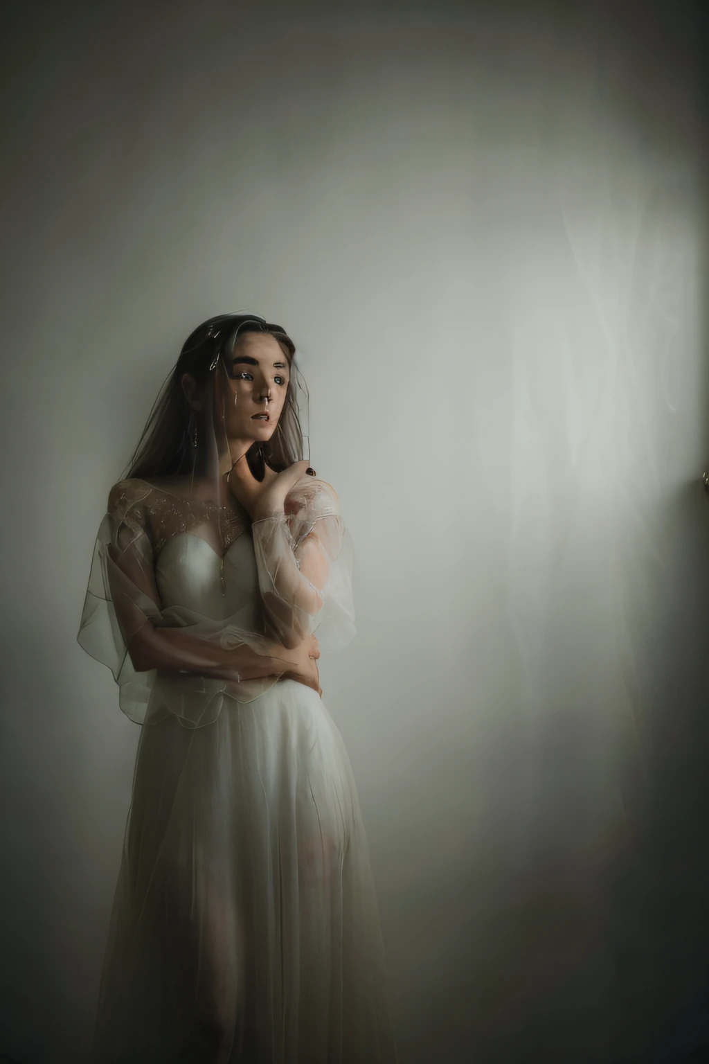 Mujer arafed con un vestido blanco y un velo en la cabeza., a still of an ethereal, a stunning young ethereal figure, inspirado por Elsa Bleda, por Emma Andijewska, ethereal and dreamy, Refined editorial photography, Retrato luz suave, very ethereal, delicate soft hazy lighting, ethereal and otherworldly, Retrato medio luz suave, Ethereal Beauty