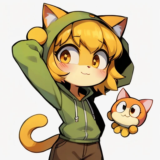 Yellow hair, Yellowish orange fur, green hoodie, brown pants, female, neco arc, cat