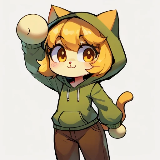 Yellow hair, Yellowish orange fur, green hoodie, brown pants, female, neco arc, cat, wide hips, hourglass figure, cameltoe, small breasts, nipple outlines
