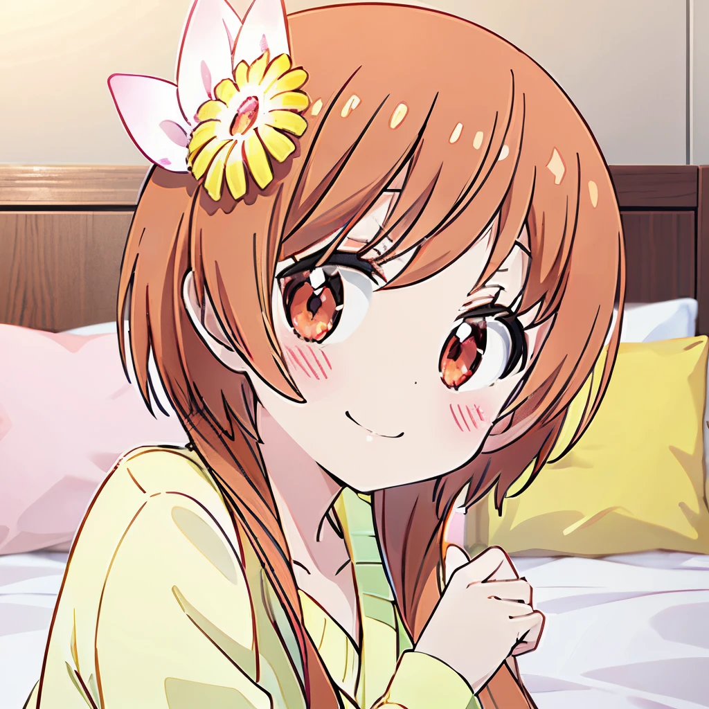 ((masutepiece)), ((Best Quality)), (Ultra-detailed), Anime style,on the bed,Cute little girl s, 1girl in, Solo,  ((Beautiful eyes)), Smile