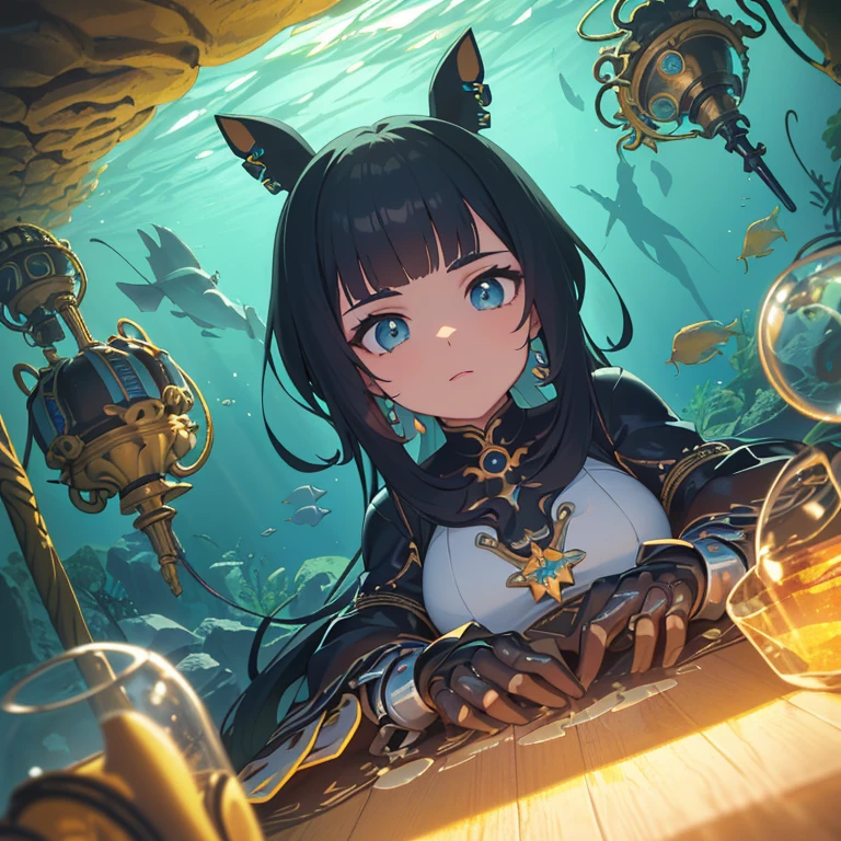 ((1 mulher)),((just a biomechanical brat)),((seios grandes)),((buceta molhada, mamilos eretos)),((pelos pubianos muito grandes)),((sleeping submerged underwater in a futuristic aquarium with tubes connected to the body)),((cabelo preto curto com rabo de cavalo lateral, com franja bem grande cobrindo o rosto)),((Olhos fechados, Dormir)),((de frente para o espectador)),