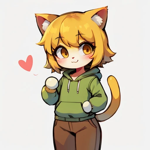 Yellow hair, Yellowish orange fur, green hoodie, brown pants, female, neco arc, cat