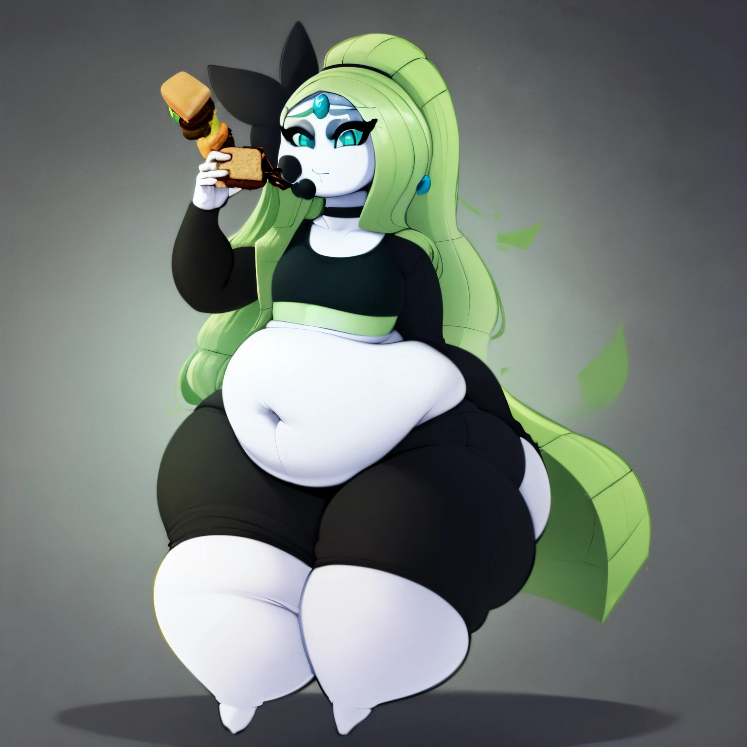 Highest quality)), ((well draw)), ((masterpiece)), ((Solo)), Femboy ,

(Meloetta), ((Full body)) (light cream skin), (Long green hair ), ((Skintight green and black Crop top:1.8)) ((mint Green Shorts)), Expression (( Smug)), Pose:((dynamic, Sexy)),obese,(wide hips:1.5), (thick ,Fat thighs:1.4), (Big Round Belly),  fat ass,  ((Bottom heavy)), Anatomically accurate body:1.6, (Well drawn face), belly,ass,((fat face,))
((Eating Chocolates and Burgers))