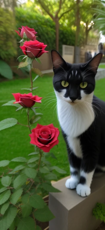 Uma gata preta e branca, com uma pinta preta do lado direito do rosto, na parte branca do bigode. No jardim, next to roses.