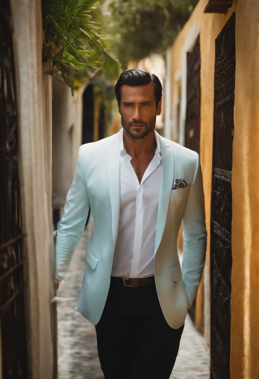 A photo of Armond exploring a hidden alley filled with street art and graffiti,original,Armond, a character from the TV series “The White Lotus,” is portrayed as a suave and sophisticated resort manager, with a meticulously groomed appearance, often seen in his crisp, professional uniform that adds to his air of authority and composure. His sharp, angular features and intense gaze give him a charismatic yet somewhat inscrutable presence, perfectly fitting his role in the luxurious resort setting. He works at the White Lotus resort in Hawaii.