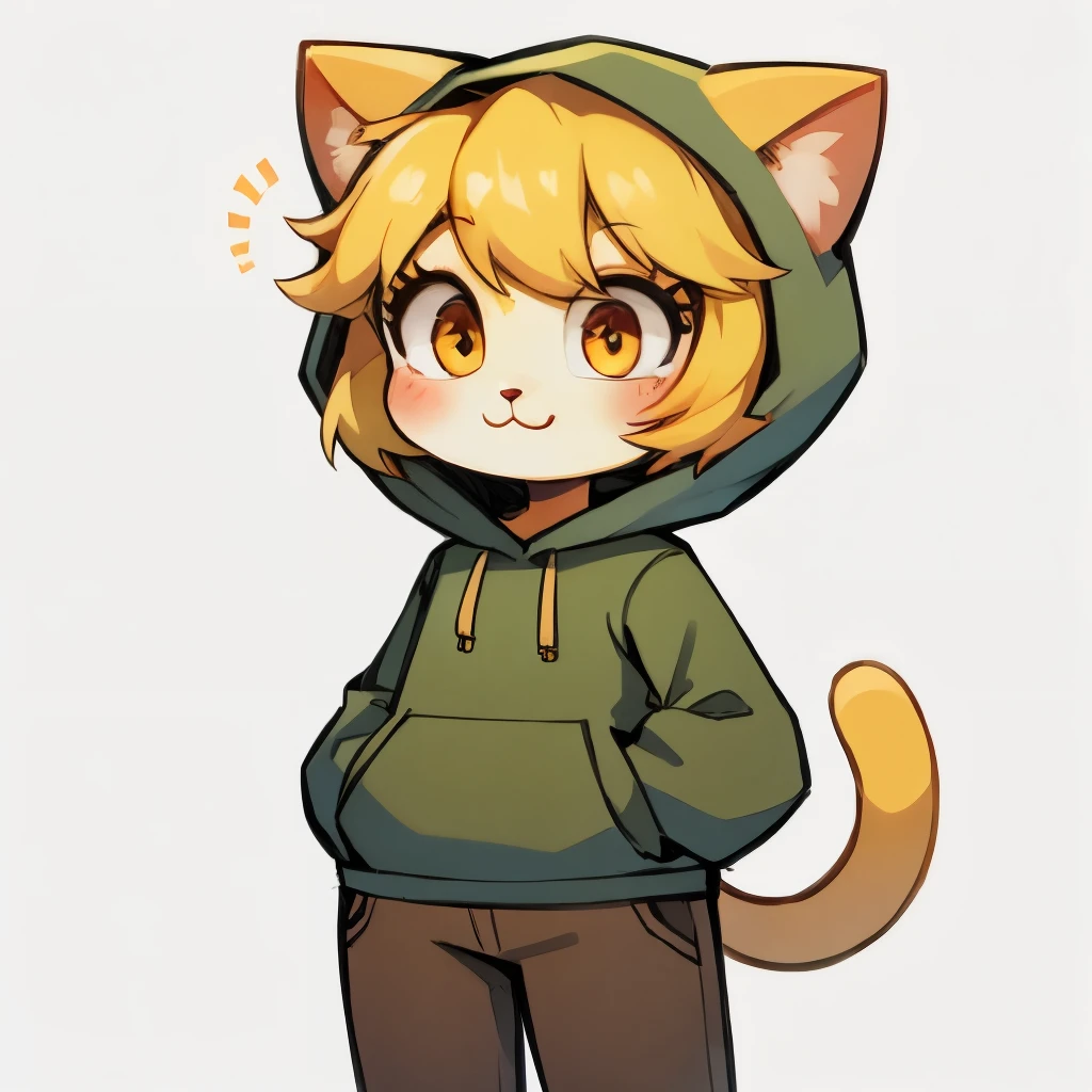 Yellow hair, Yellowish orange fur, green hoodie, brown pants, female, neco arc, cat