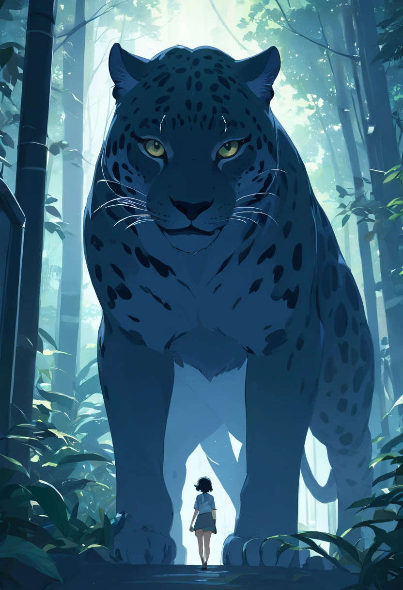 Generate a compelling and eerie narrative for a black and white image of a Jaguar monster lurking in the shadows, poised for an impending encounter with an unsuspecting victim. Describe the scene, the monster's appearance, the victim's emotions, and the overall atmosphere in vivid detail.