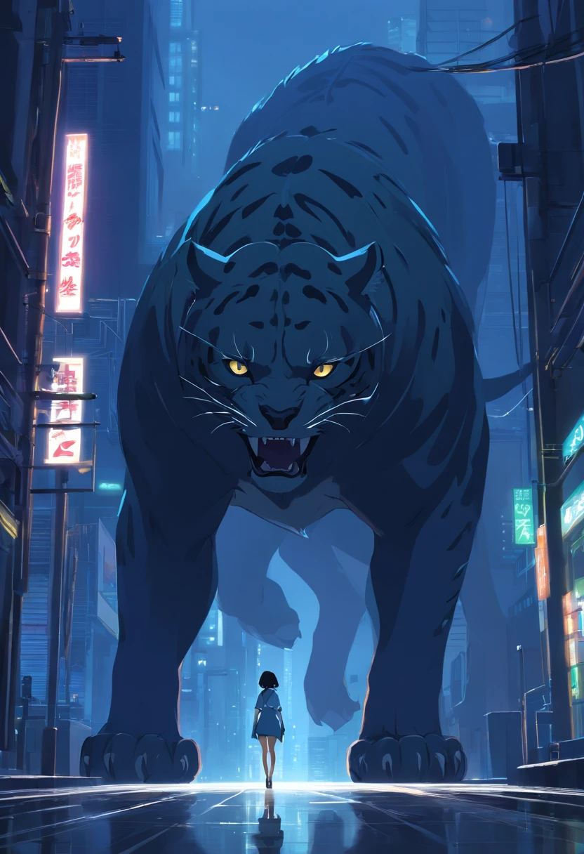 Generate a compelling and eerie narrative for a black and white image of a Jaguar monster lurking in the shadows, poised for an impending encounter with an unsuspecting victim. Describe the scene, the monster's appearance, the victim's emotions, and the overall atmosphere in vivid detail.