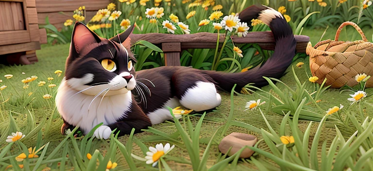 Uma gata preta e branca, deitada na grama, next to daisies.
