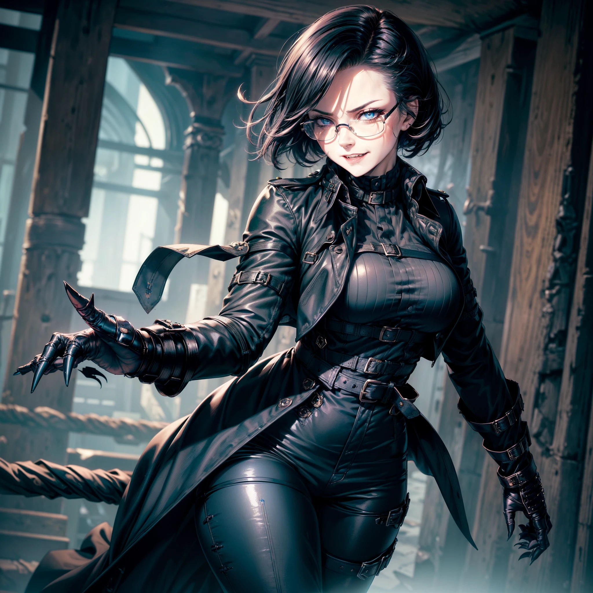 (High resolution, best quality, masterpiece) detail, intricate detail, 1female, ((solo)), physically fit, curvy, pale skin, vampire, fierce expression, dark eyes, (detailed eyes), sharpened fangs, black hair, short hair, full body, ((detailed hands)), ((pointed fingers)), claws, medium breast, beautiful, cute, dark aura surrounding her, shirt:black, (topwear:((trench_coat:black), handwear:((gauntlets), bottomwear:(pants:blue))))), blood dripping, glasses on the top of her head, dark tinted glasses, grinning, cocky expression, menacing, blood spatter