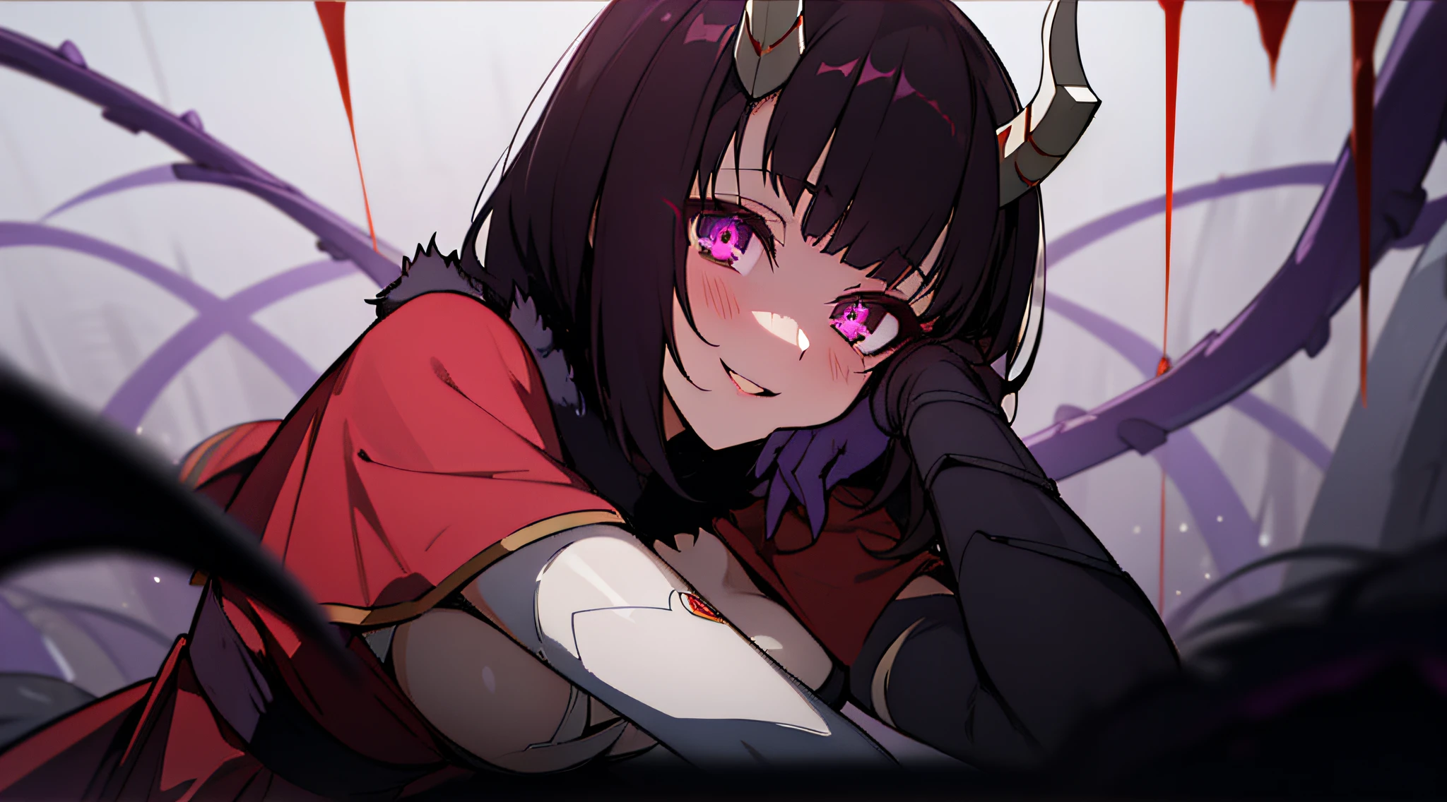 (low key, dark theme:1.2), eriko, purple eyes, +_+, red dress, red capelet, fur trim, cleavage, elbow gloves, glowing eyes, smile, parted lips, yandere, upper body, hand on own face, looking at viewer, (evil smile, creepy stare:1.3), constricted pupils, small pupils, prison, jail