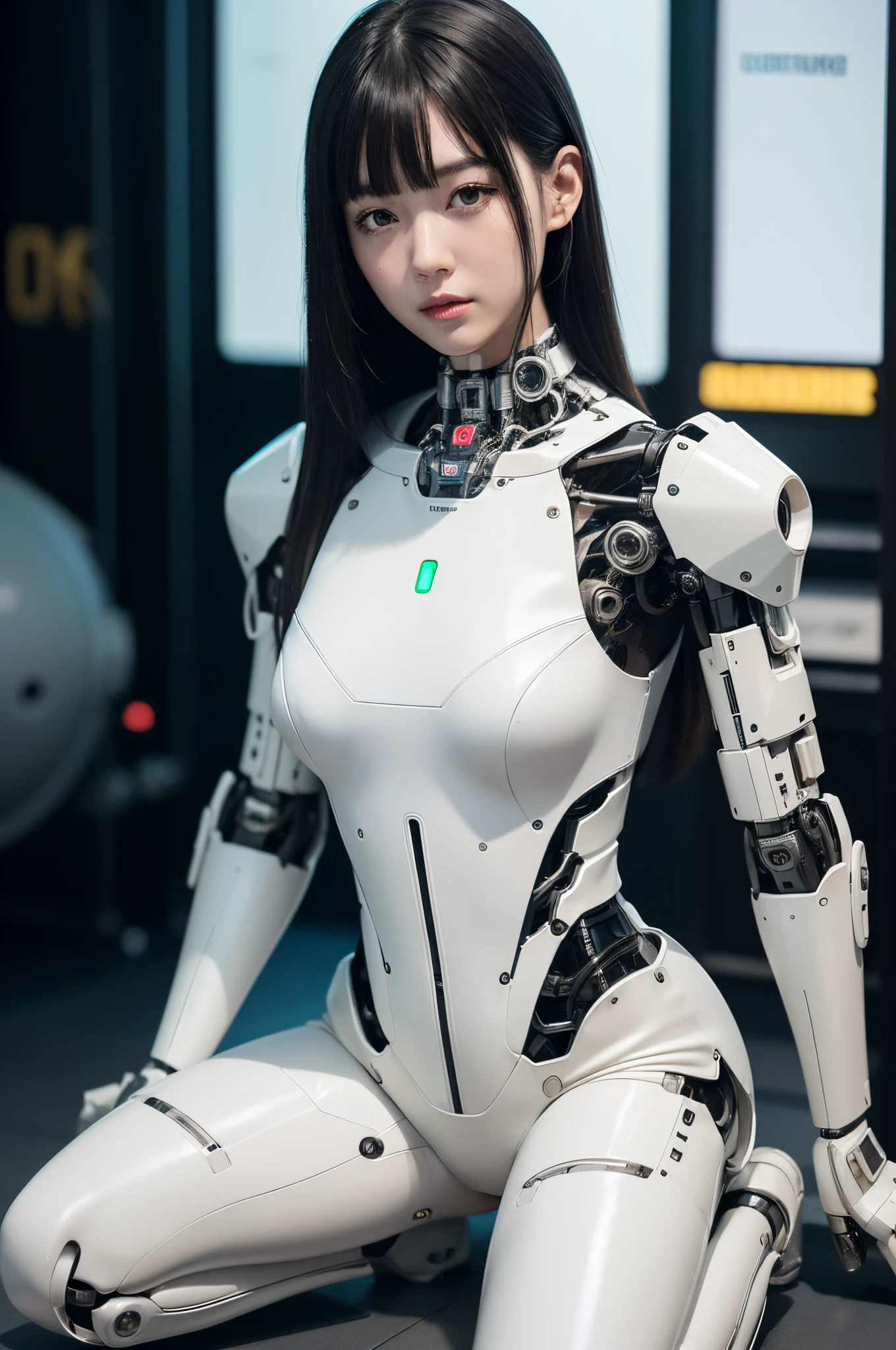 (photorealistic:1.4), (RAW photo) (RAW photo) (8K, 4K, Best Quality, hight resolution, 超A high resolution:1.1), (masutepiece, Realistic, Photorealsitic:1.1), 1girl in, Japaese Cyborg Girl,Plump , White boots,announcer,control panels,android,Droid,Mechanical Hand, ,clothes with a sense of mechanical technology, Robot arms and legs, Black Robot Parts,Black hair,Mechanical body,rompers,Blunt bangs,White abdomen,White robotics parts,tube dress,perfect robot woman,future laboratory,cyber pank,charging spot,long tube,thick cable connected her neck,kneel on the floor,full eyes,