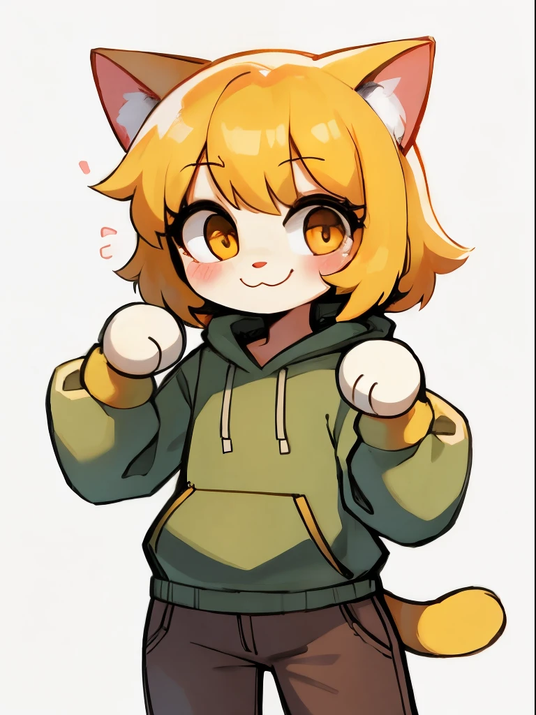 Yellow hair, Yellowish orange fur, green hoodie, brown pants, female, neco arc, cat