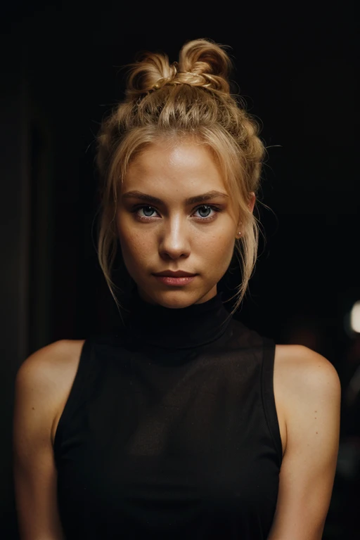 an eye contact of a blond with bun hair and dark theme