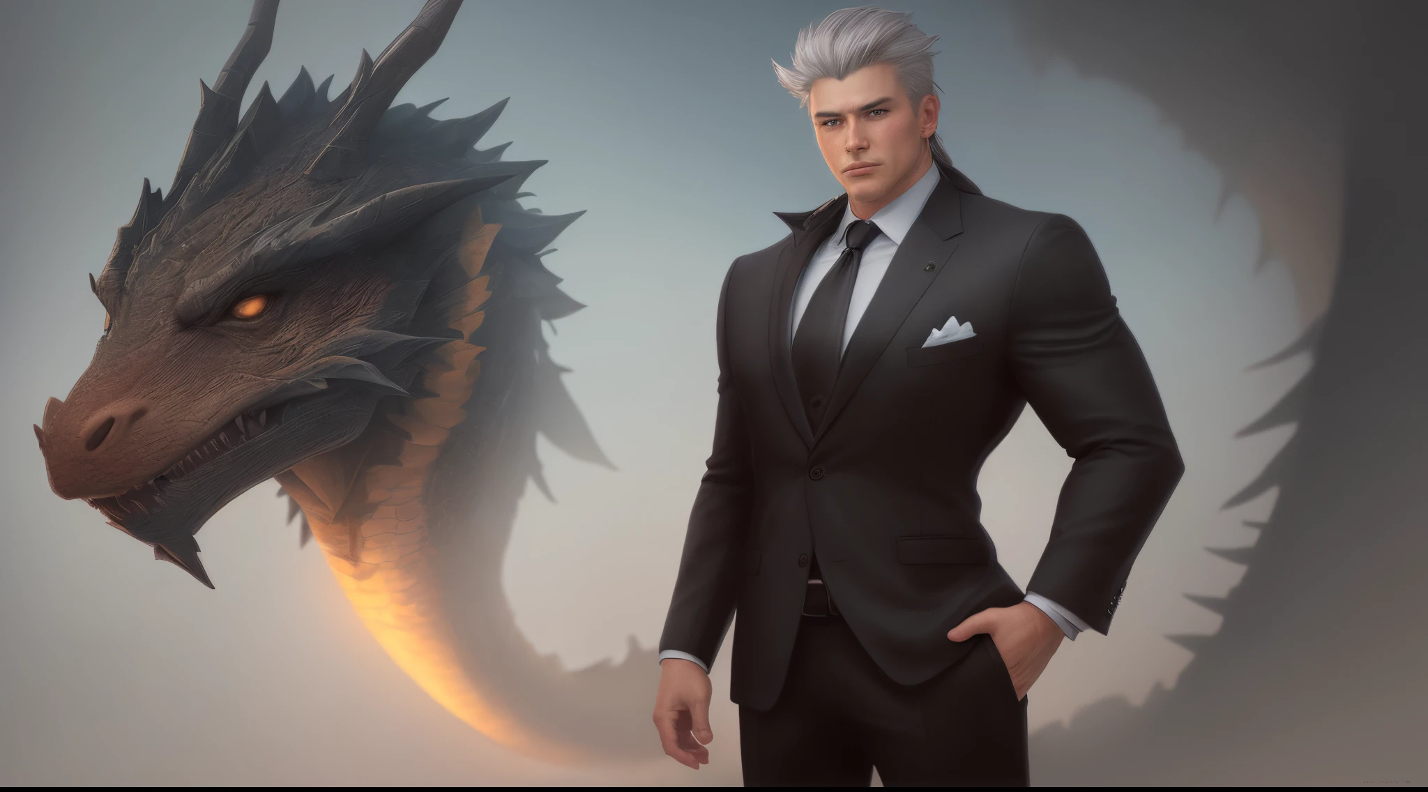 Create an image of a half-humanized Dragon in a black suit