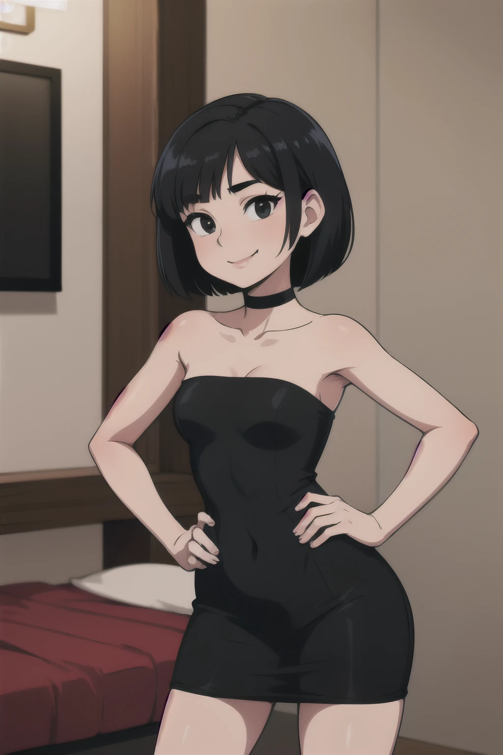 1 girl, teenage, black hair, short black hair, medium hair, bob hair, black eyes, little black dress, strapless dress, short bodycon dress, skin-tight dress, smile, choker, fancy hotel, hands on hips, sexy, masterpiece, high quality, Upperbody.