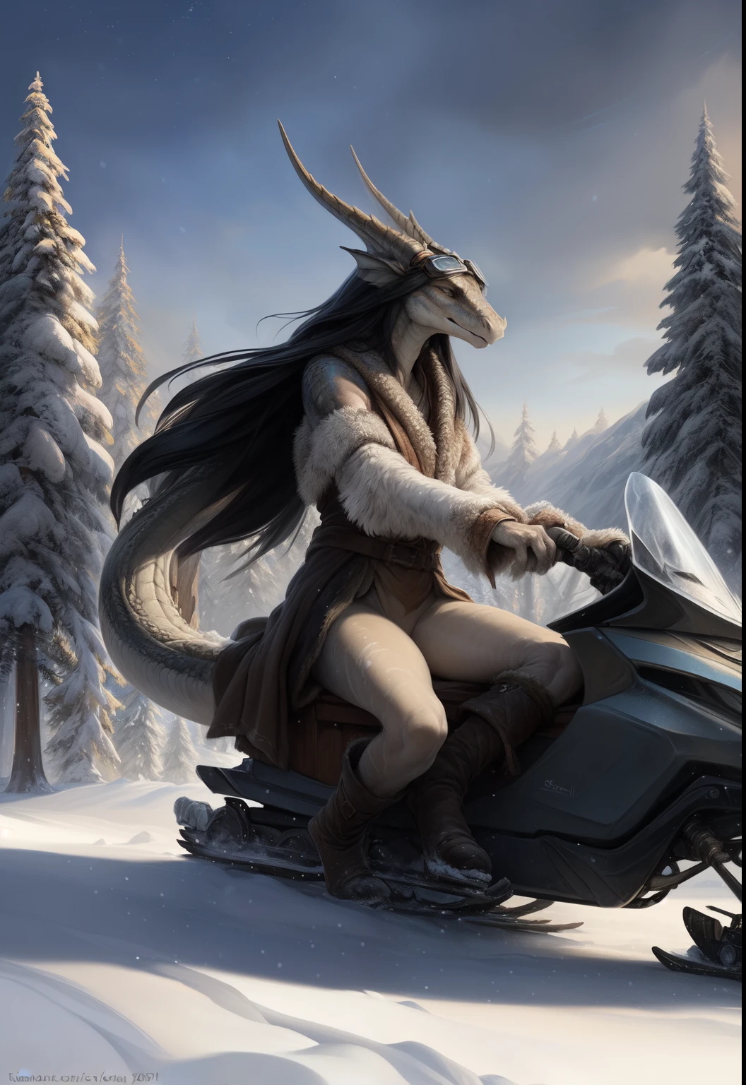 (woman (dragon girl, random color, beige skin color, Long black hair,Long hair,long legs, sexy winter clothes, stockling, high boots, goggles)) The woman, dragon, scalie, Sensual, Detailed, uploaded to e621, Beautiful and detailed portrait of an anthropomorphic dragon ((The woman)) kenket,(( by Ross Tran, by ruan jia, Bonifasko, uploaded to e621, zaush, foxovh)), scalie, Silvery Scaly, movie lighting, higly detailed, hiquality, winter meadows, character sitting on a snowmobile, winter,