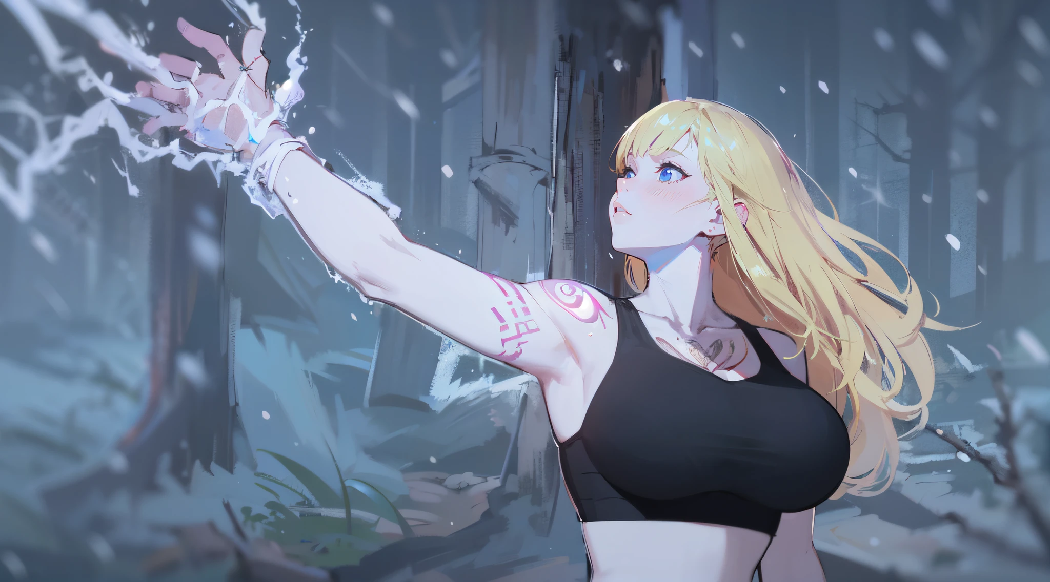 (masterpiece, best quality, absurdres), 1girl, blonde hair, blue eyes, long hair, huge breasts, punk, black crop top, shooting lightning, snowing, outside, woods, tattoo, tight,