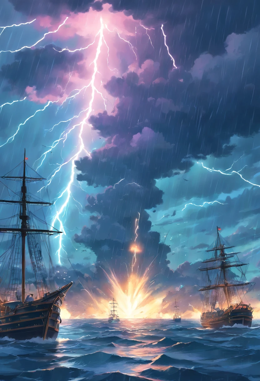 Ancient naval battles under heavy rain,The background is a waterspout,And the cyan thunder and lightning in the distance