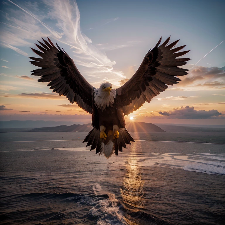 (extremamente detalhado CG unidade 8k papel de parede, master part, best quality), stunning sunset, majestic eagle flying over the horizon.With a band on the feet that says strong union is close union.