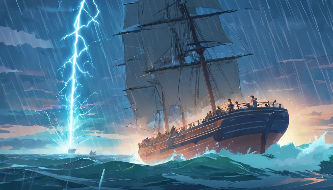 Ancient naval battles under heavy rain,The background is a waterspout,There are also cyan thunder and lightning in the distance