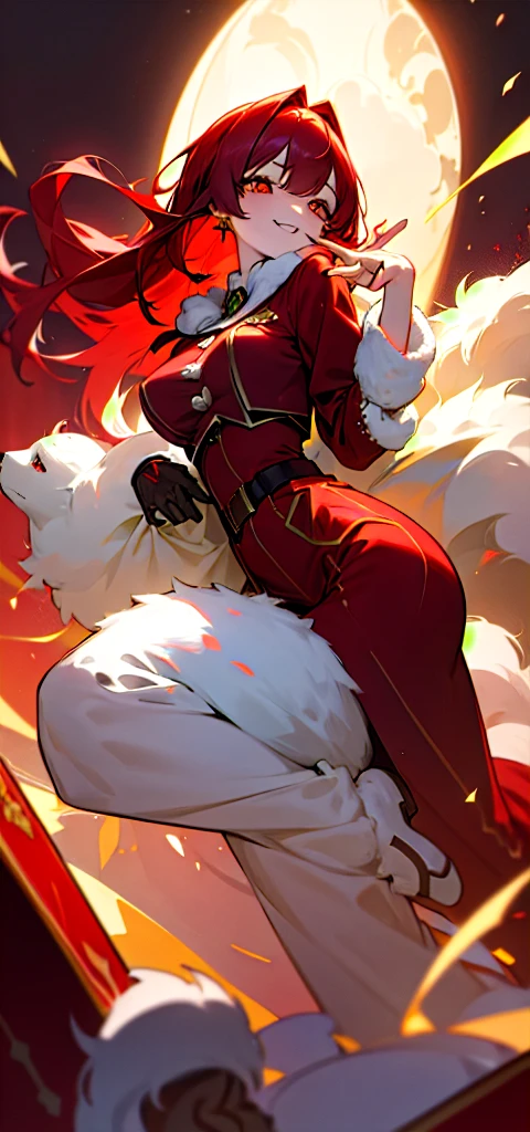 Houshou Marine,hololive,Yellow left eye、I have a strange red eye in my right eye.,Smile in ecstasy,Red hair half up,Long coat in red,Fluffy gloves,Christmas light background,Glamorous breasts,illustratio,24 year old