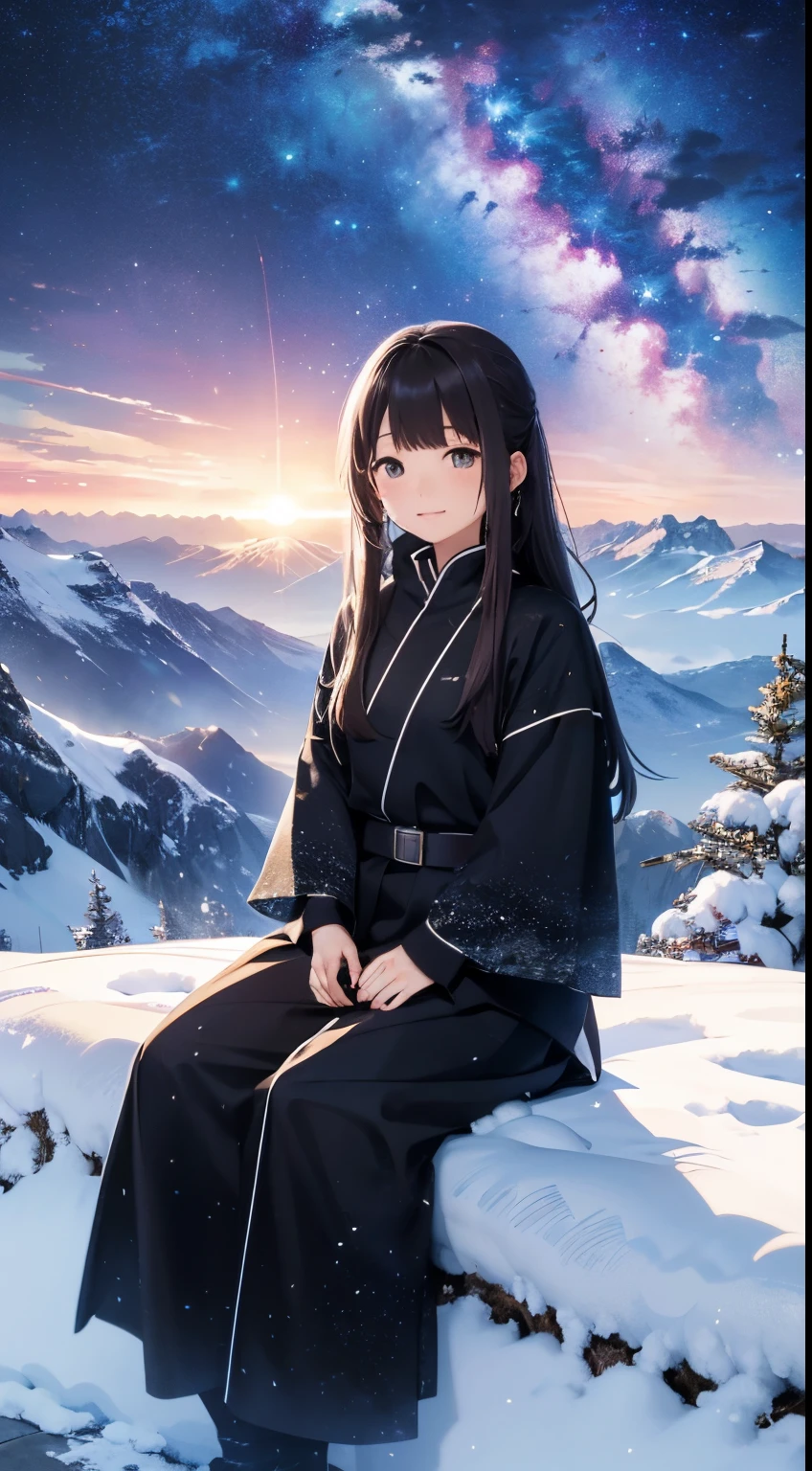 nigh sky, stele(Skysky), landscapes,milkyway, 1girl in, 独奏, plein air, built, clouds, milkyway, sitting on, The tree, length hair, silhuette, mountain with snow,top-quality,High quality detail,8K