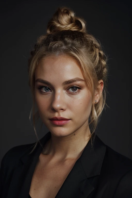 an eye contact of a blond with bun hair and dark theme, lips
