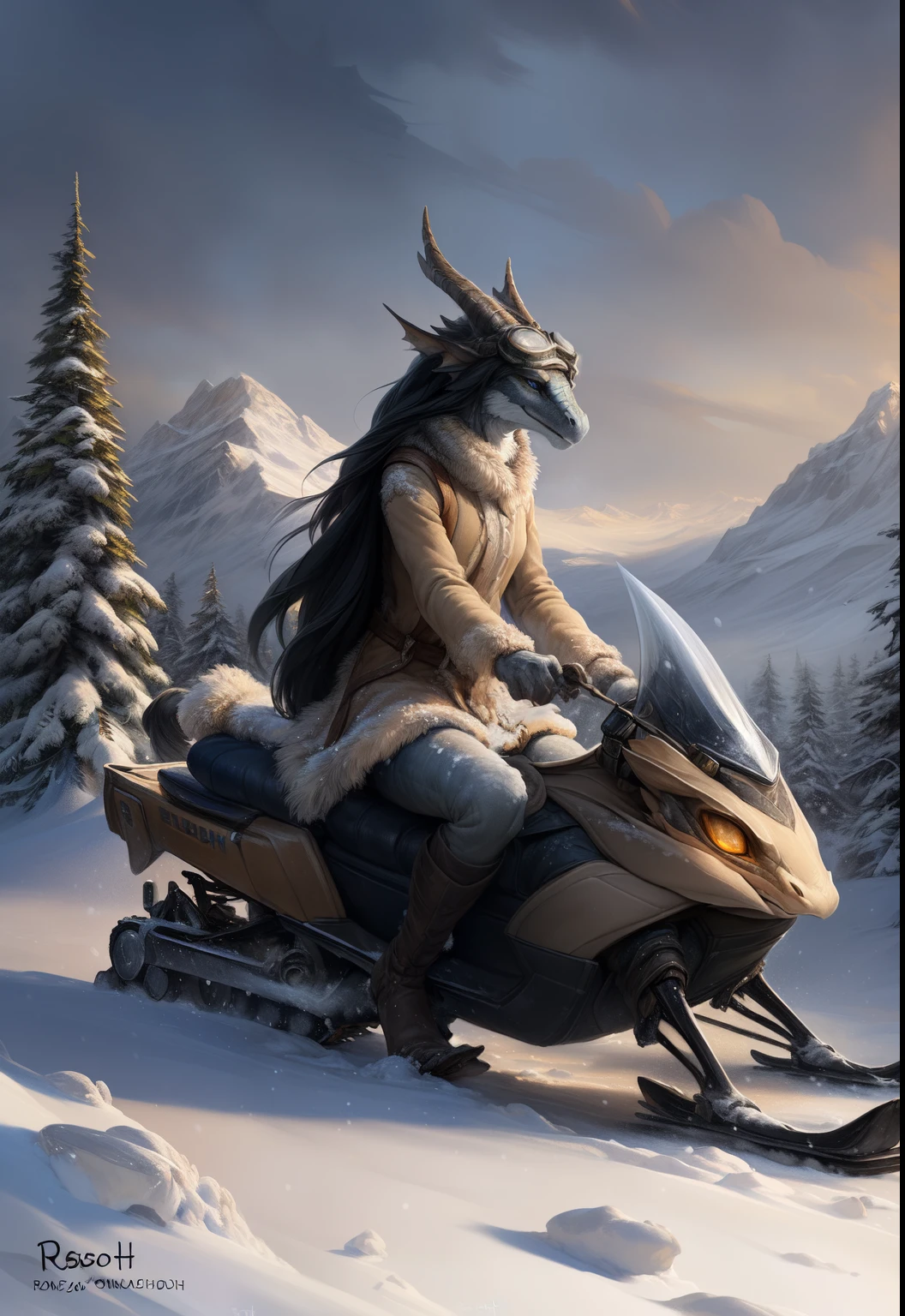 (woman (dragon girl, random color, beige skin color, Long black hair,Long hair,long legs, sexy winter clothes, stockling, high boots, goggles)) The woman, dragon, scalie, Sensual, Detailed, uploaded to e621, Beautiful and detailed portrait of an anthropomorphic dragon ((The woman)) kenket,(( by Ross Tran, by ruan jia, Bonifasko, uploaded to e621, zaush, foxovh)), scalie, Silvery Scaly, movie lighting, higly detailed, hiquality, winter meadows, character sitting on a snowmobile, winter,