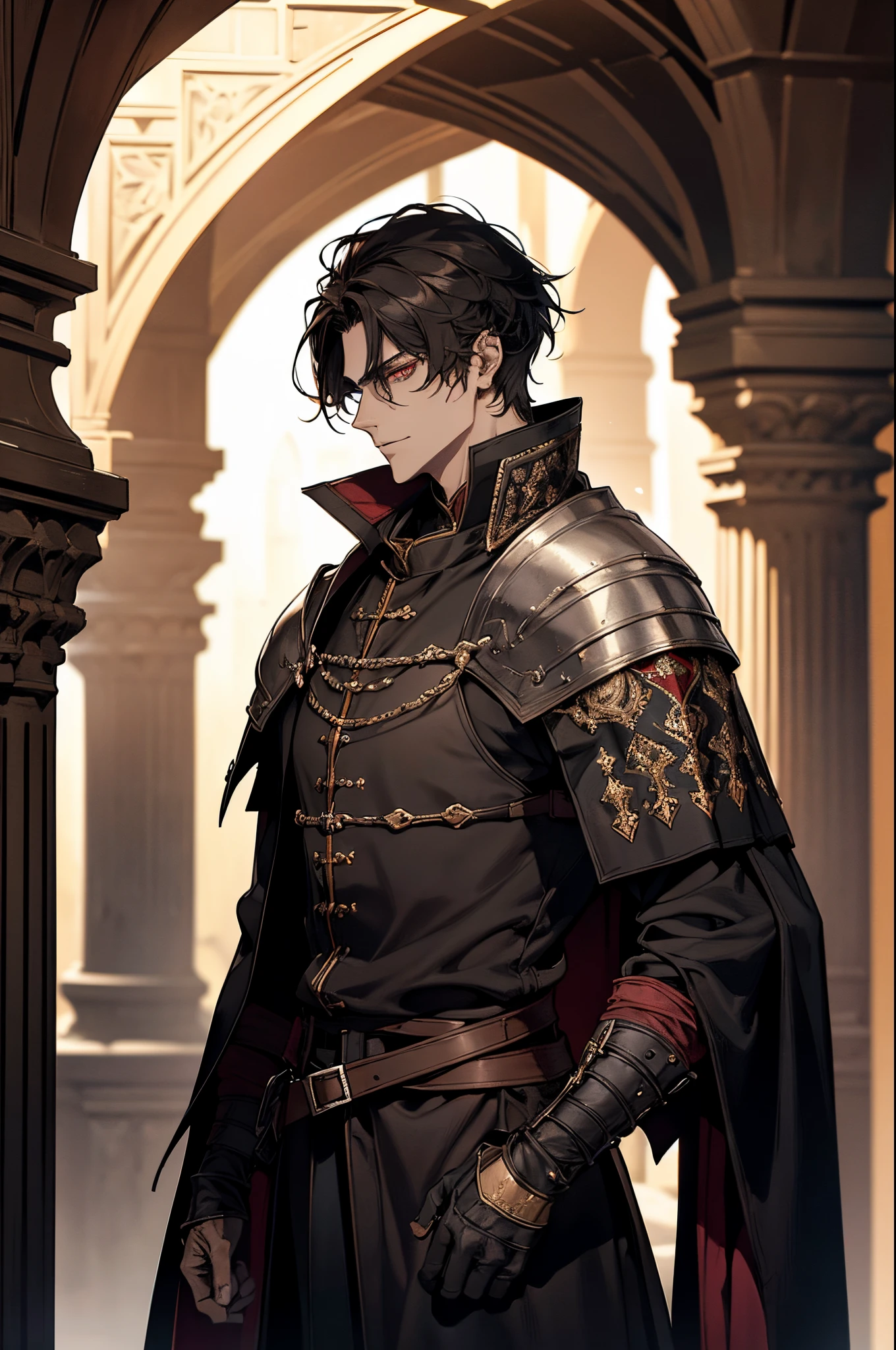 1 male, adult, mature face, beautiful, short tousled black hair, dark red eyes, handsome, tall and lean body, nobility, black clothing, proud and condescending, medieval fantasy, in a dungeon, (soft coloring, dynamic shading), side view, looking at viewer