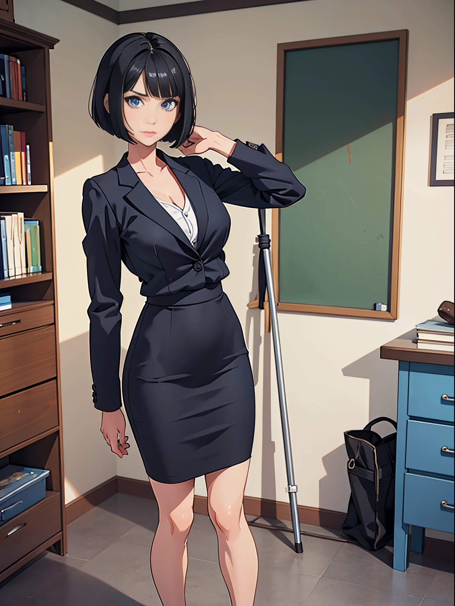 1girl, black hair, bob hair, short hair, blue eyes, beautiful detailed eyes, high school teacher, mature woman, suit, pencil skirt, bare legs, shoes, classtroom backdrop, standing, perfect anatomy, cowboy shot, (full body shot), solo, single.
