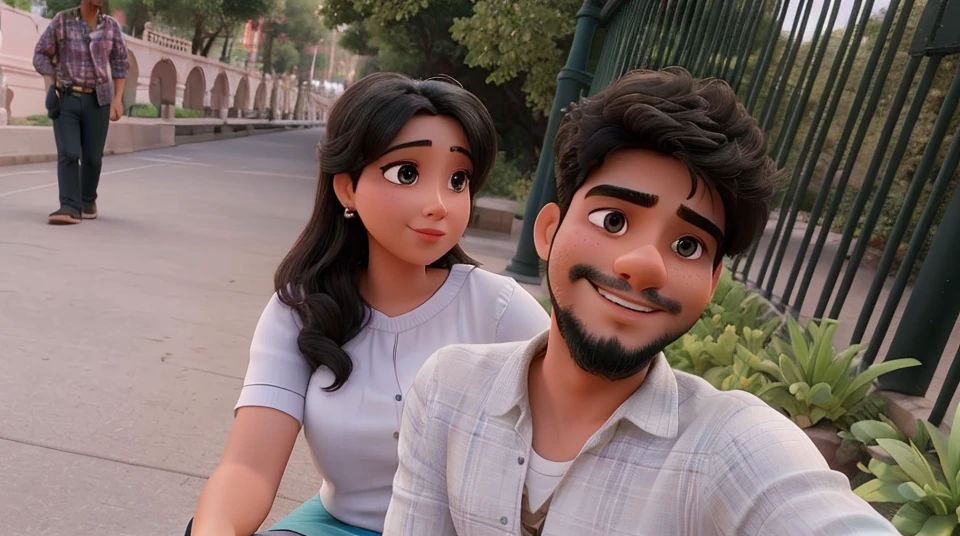 there is a man and woman sitting on a bench in a park, jayison devadas, lovely couple, jayison devadas style, profile pic, profile image, candid picture, profile picture, by Thota Vaikuntham, in love selfie, ghutra and egal, photo taken in 2 0 2 0, in city street, connected with hanging bridge! 3d pixar art. Best quality information. Clear details and background