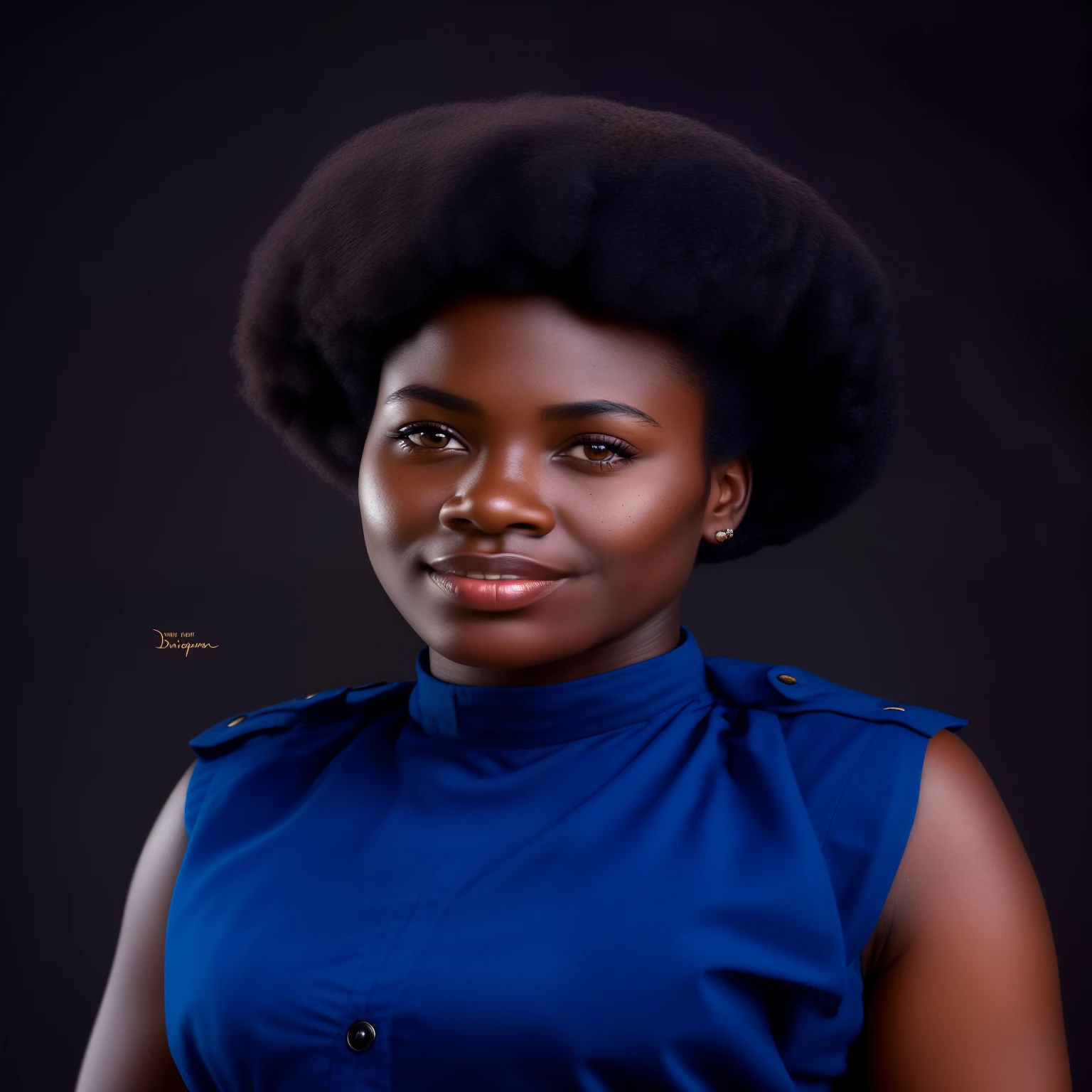 (((Front Facing View))), (Highly Detailed, HD), Beautiful, Stunning, Portrait, Character, young adult, woman, figure, jovial expression, dark skintone, relaxed black hair, dark brown eyes, wearing black victorian era military uniform, stiff fabric with blue stitching, (Symmetrical Detailed Eyes). Disney ai