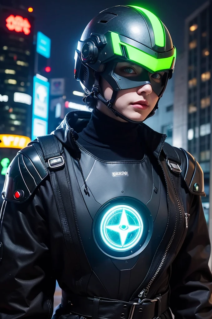 a close up of a person wearing a helmet with glowing green eyes, futuristic clothing and helmet, cyberpunk helmet, cyberpunk suit, cyberpunk techwear, glowing eyes in helmet, cyberpunk wearing, cyberpunk armor, cyberpunk knight, futuristic techwear, cyberpunk))), neon armor, has cyberpunk style, intricate high tech helmet, neon operator, tech helmet, with futuristic gear and helmet
