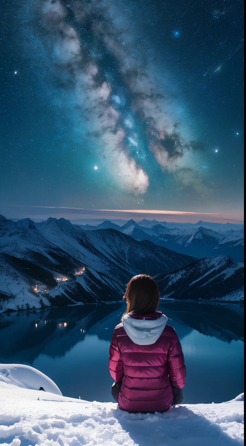 nigh sky, stele(Skysky), landscapes,milkyway, 1girl in, 独奏, plein air, built, ​​clouds, milkyway, sitting on, The tree, length hair, silhuette, mountain with snow,top-quality,High quality detail,８Ｋ