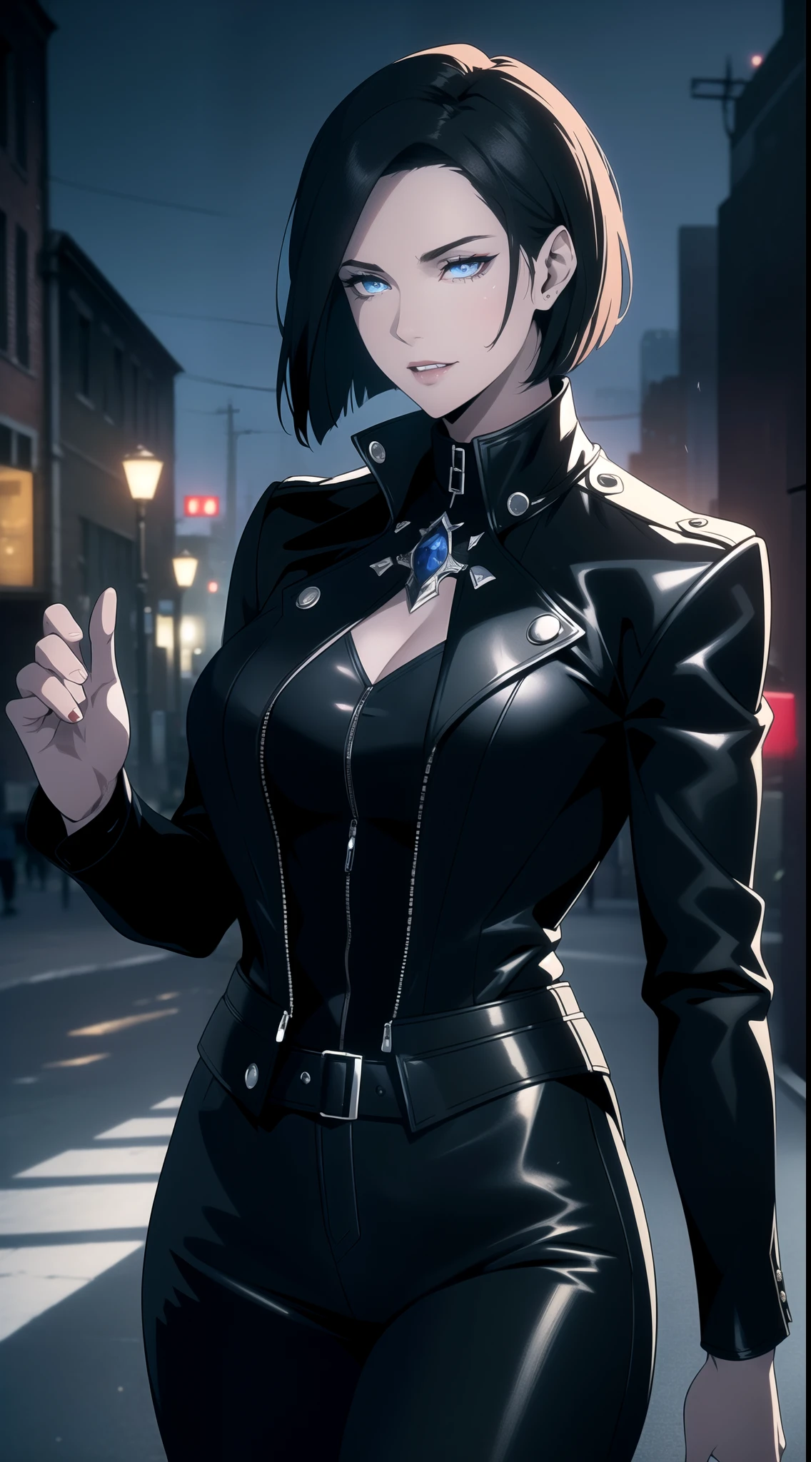 (One Person), (Masterpiece, Best Quality), (A Gorgeous 25 Years Old British Female Vampire Mercenary), (Wavy Bob Cut Black Hair), (Pale Skin with Hidden Fangs), (Sapphire Blue Eyes), (Wearing Red Leather Jacket, Black V-Neck Undershirt, and Black Tight Pants), (City Road at Night with Moonlight), (Dynamic Pose), Centered, (Half Body Shot:1.4), From Front Shot, Insane Details, Intricate Face Detail, Intricate Hand Details, Cinematic Shot and Lighting, Realistic and Vibrant Colors, Masterpiece, Sharp Focus, Highly Detailed, Taken with DSLR camera, Depth of Field, Realistic Environment and Scene, Master Composition and Cinematography