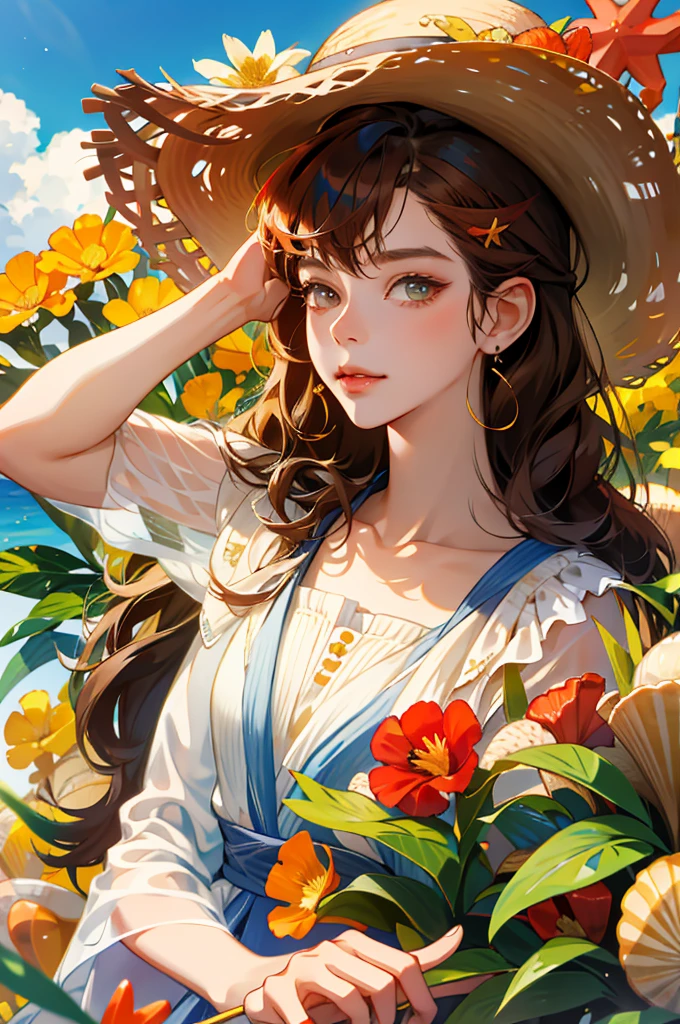 absurdres, highres, ultra detailed, 1girl, solo, extremely detailed eyes, starfish, seashell, shell, flower, hat, hair ornament, jewelry, straw hat, looking at viewer, sunglasses, hat flower, drinking straw, hairclip, earrings, red flower, tinted eyewear, yellow flower, bangs, english text, multicolored hair, orange flower, black hair, ring, cup, long hair, orange-tinted eyewear, food, brown hair, portrait, shell hair ornament