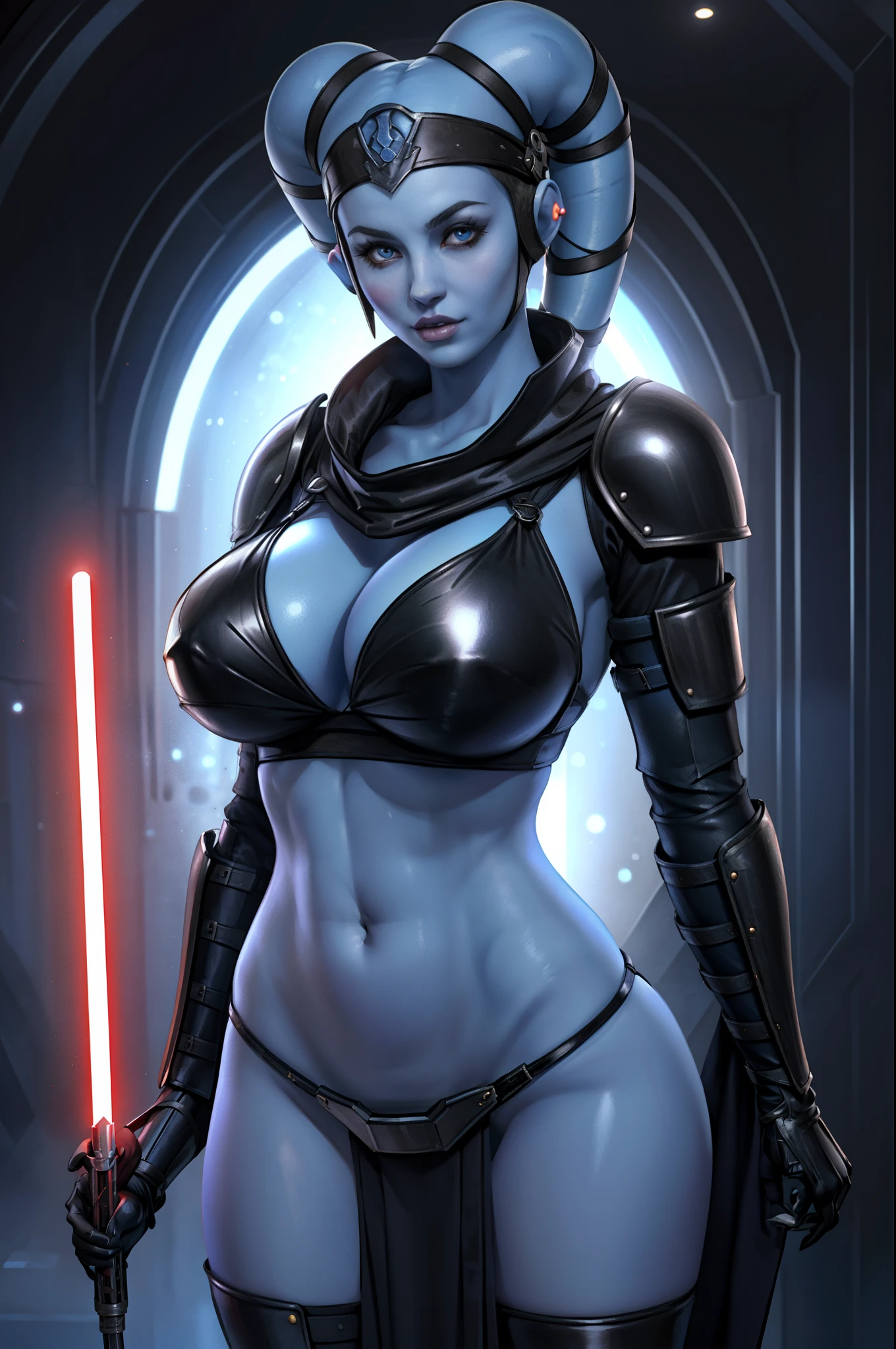 busty, ((blue skin), twi'lek), sharp facial features, long nose, dual red lightsabers, evil space knight, space ninja, gal, (black robes, black stealth armor, breastplate, tunic, scandal rude thong, tabard, cowl, cloak, body glove, straps, buckles, skirts, long sleeves, fantasy, ((armor))), ((busty), slender body, thin, slim sexy body, slim waist, (((huge breasts, large breasts)))), nip erected, Imperial starship, Star Wars,