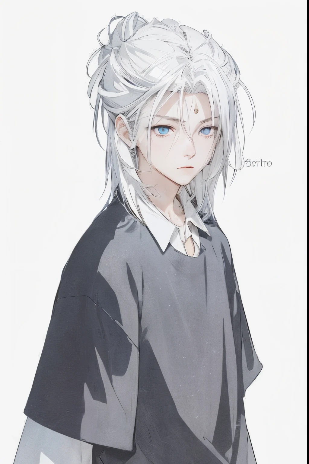 Anime boy, white hair, long hair, simple clothes, white long hair, white skin, long clothes, Spiral Galaxy Eye, Spiral Stars in Eye, galacte eyes, stardust eyes, eyes for stardust