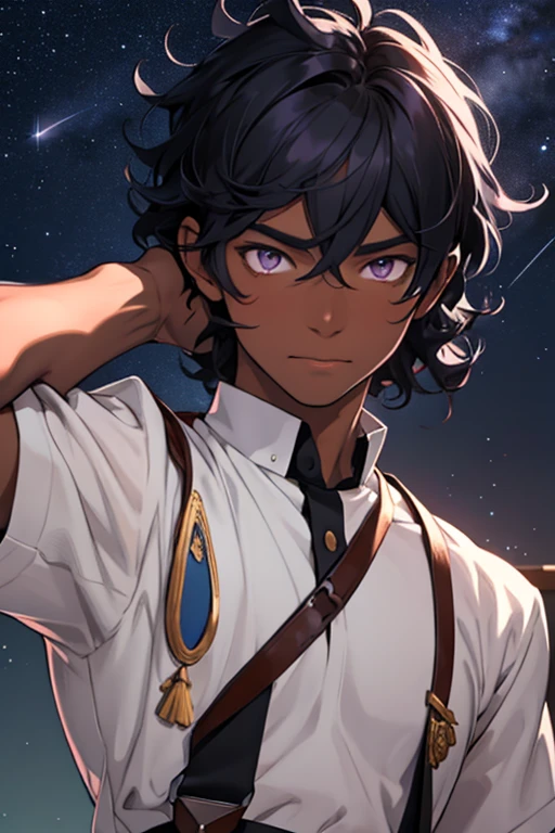 Dark skin boy with purple eyes, curly black hair, male, starry feeling, close up, anime style, 4k image, military ta outfit, classroom background