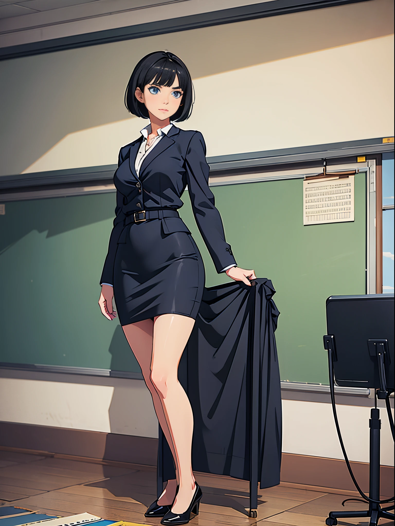 1girl, black hair, bob hair, short hair, blue eyes, beautiful detailed eyes, high school teacher, mature woman, suit, pencil skirt, bare legs, classroom backdrop, standing, perfect anatomy, cowboy shot, (full body shot), solo, single.