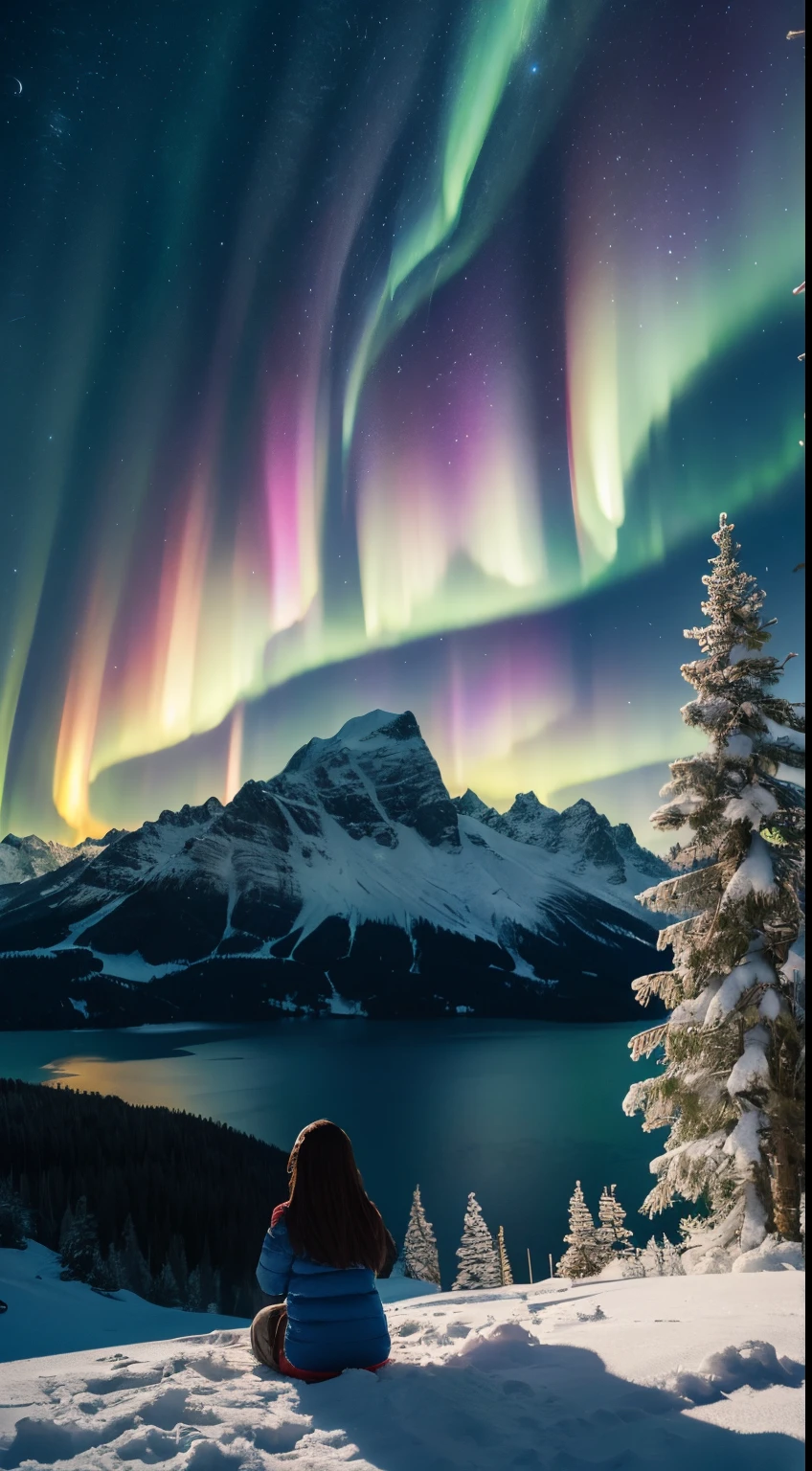 nigh sky, stele(Skysky), landscapes,milkyway, 1girl in, 独奏, plein air, built, ​​clouds,Aurora, sitting on, The tree, length hair, silhuette, mountain with snow,top-quality,High quality detail,８Ｋ