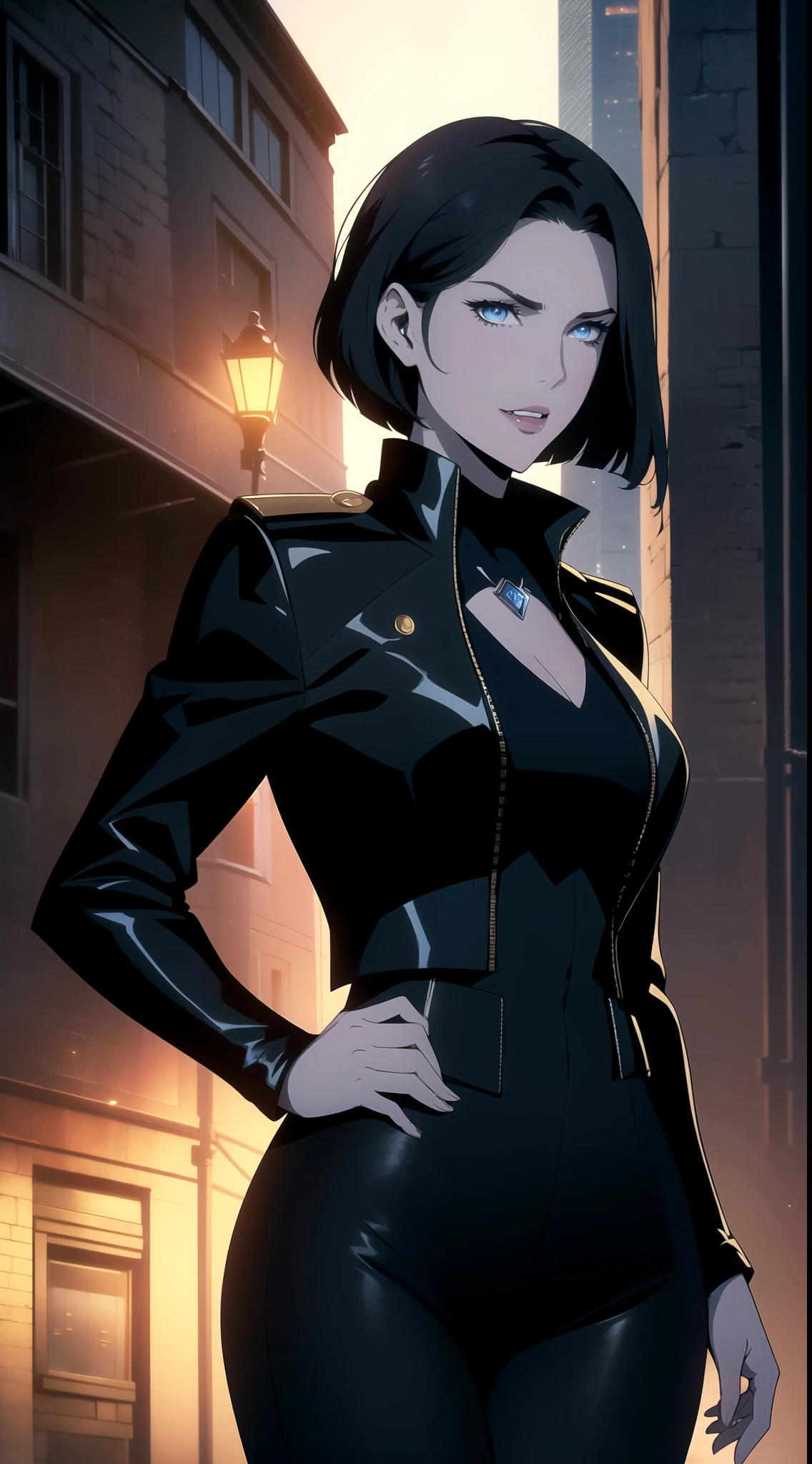 (One Person), (Masterpiece, Best Quality), (A Gorgeous 25 Years Old British Female Vampire Mercenary), (Wavy Bob Cut Black Hair), (Pale Skin with Hidden Fangs), (Sapphire Blue Eyes), (Wearing Red Leather Jacket, Black V-Neck Undershirt, and Black Tight Pants), (City Road at Night with Moonlight), (Dynamic Pose), Centered, (Half Body Shot:1.4), From Front Shot, Insane Details, Intricate Face Detail, Intricate Hand Details, Cinematic Shot and Lighting, Realistic and Vibrant Colors, Masterpiece, Sharp Focus, Highly Detailed, Taken with DSLR camera, Depth of Field, Realistic Environment and Scene, Master Composition and Cinematography