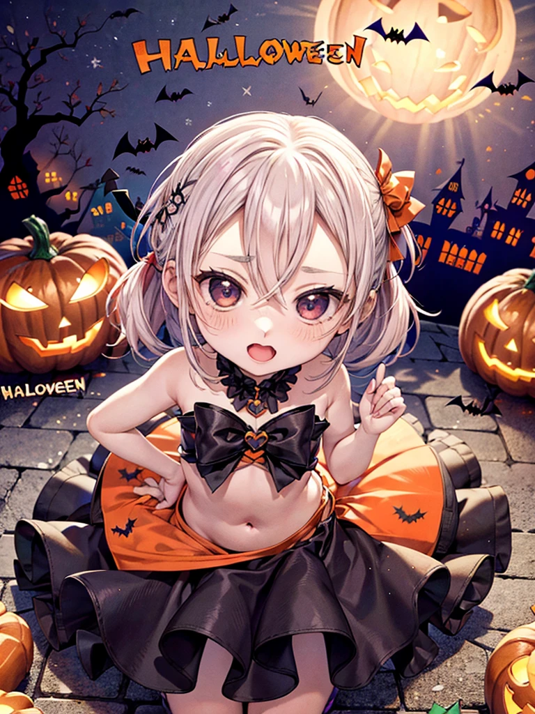 (Chibi:1.6),absurdos, ultra-detalhada,cor brilhante, extremamente bonito rosto detalhado e olhos,qualidade superior、masutepiece、horror、vale、cabelos preto e longos、olhos vermelhos、Devolver sangue、ruins、starly sky、lua vermelha、peito aberto、(Festa de Halloween:1.3)、Muitos morcegos、Muitas lanternas、Muitas velas、Sit in the pumpkin ghost、Tome um copo de sangue,