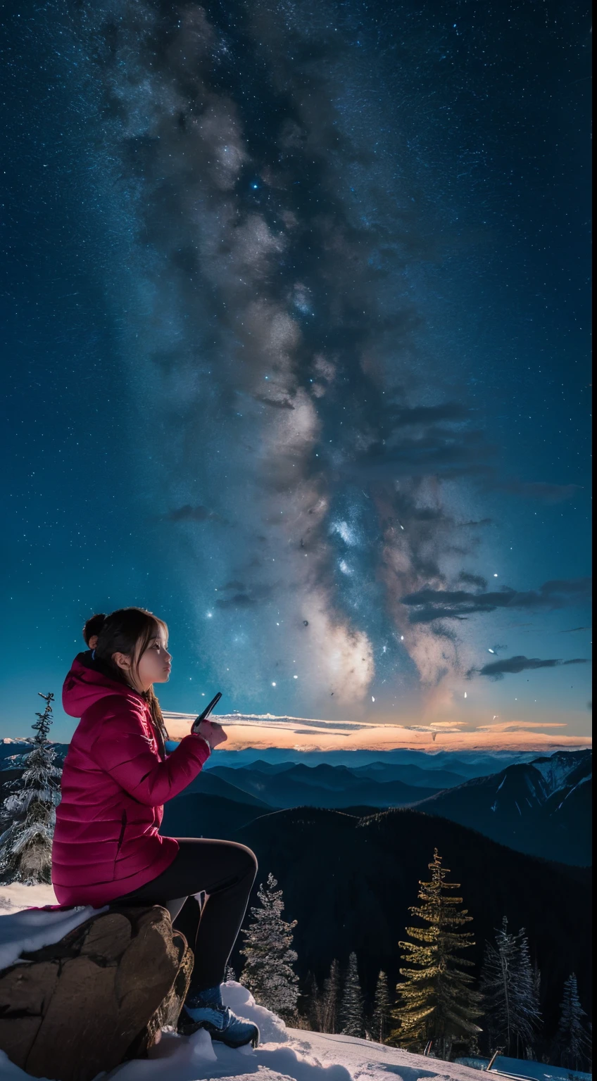 nigh sky, stele(Skysky), landscapes,milkyway, 1girl in, 独奏, plein air, built, clouds, milkyway, sitting on, The tree, length hair, silhuette, mountain with snow,top-quality,High quality detail,8K