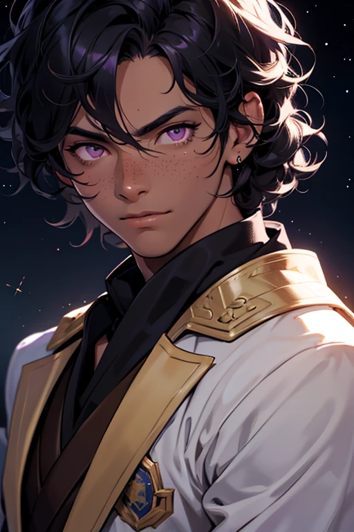 Dark skin boy with purple eyes, curly black hair, male, starry feeling, constellation freckles, close up, anime style, 4k image, assassins outfit, classroom background